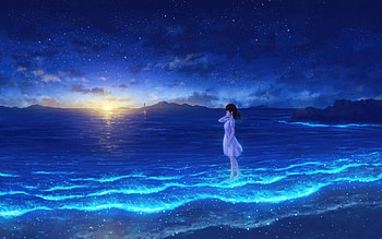 Whispers Of The Night Sea Anime Maiden In Moonlight, anime-girl, anime, artist, artwork, digital-art, pixiv HD wallpaper