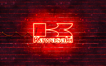 Kawasaki red logo, , red brickwall, Kawasaki logo, motorcyles brands, Kawasaki neon logo, Kawasaki HD wallpaper