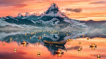 Lanterns, mountain, lake, the lights, festival HD wallpaper