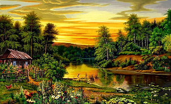 Beautiful Morning, Abstract, Sunrise, Beautiful, Cottage, Water HD wallpaper