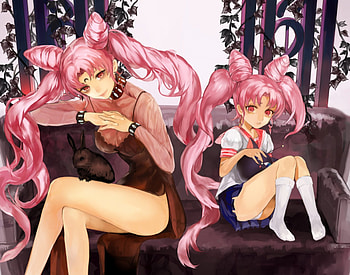 Chibiusa & Black Lady, blue, black, sofa, uniform, cute, long hair, dress, shirt, beauty, lady, female, rabbit, skirt, sweet, white, bunnie, art, girl, beautiful, woman, purple, pink, anime, pretty, flowers, lovely HD wallpaper
