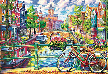 Amsterdam, canal, houses, netherlands, artwork, painting, boats, bike, bridge, flowers HD wallpaper