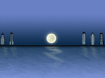 moon and night by kerem kupeli, night, scenery, skyscrapers, moon, water HD wallpaper
