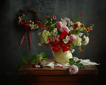 Still life, Flowers, Vase, Berries, Table HD wallpaper