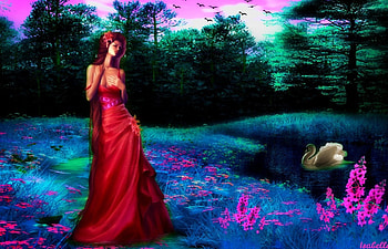 Twilight , Twilight, Meadow, Woman, Colors, Strolling, Nature, Fantasy, Swan, Path, Flowers, Woods, Birds HD wallpaper