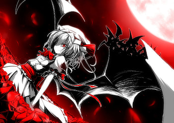 Remilia scarlet, wings, red eyes, dress, moon, tan, touhou, flowers, hat HD wallpaper