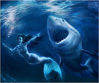 action_scene, sea, the abyss, shark, mermaid HD wallpaper