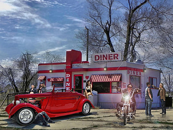 The Red Heart Diner, car, red, USA, diner, america, vintage, motorbike HD wallpaper