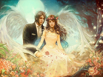 ANGEL WEDDING, WINGS, WEDDING, MOON, GROOM, BRIDE, MALE, FLOWERS, DRESS, FEMALE, ANGELS HD wallpaper