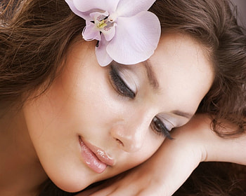 Beauty, model, flower, face, orchid, girl, anna subbotina, woman HD wallpaper