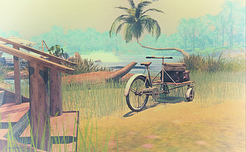 Grass, Art, Beach, Palm, Wheel, Lagoon, Bicycle HD wallpaper