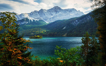 Eibsee lake, Germany, island, trees, landscape, clouds, sky, mountains, alps, Autumn HD wallpaper