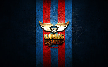 UNIS Flyers, golden logo, BeNe League, blue metal background, dutch hockey team, UNIS Flyers logo, hockey HD wallpaper