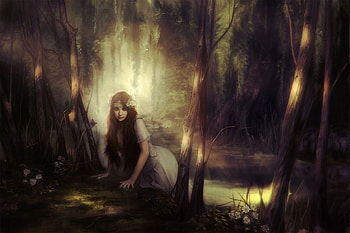 searching for you, lover, woods, tree trunks, girl, beauty, looking, neeling, anime, flowers, princess, home HD wallpaper