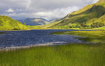 Lake meadow, landscape, grass, nature, mountain HD wallpaper