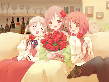 Three Happy Girls, pink, roses, anime, girls, flowers, dress HD wallpaper