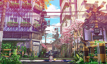 Tree, House, Anime, Original, Cat, City HD wallpaper