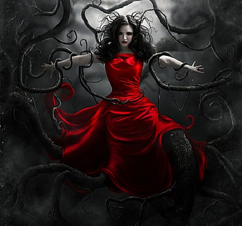 Dark, artwork, abstract, fantasy, trees, female HD wallpaper