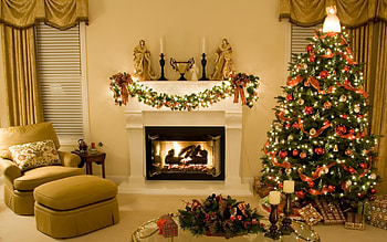 Modern Christmas fireplace, Festive decorations, Stylish home decor, Joyful holiday spirit HD wallpaper