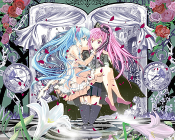 Vocaloid, luka, cute, floral, long hair, dress, miku, abstract, vocaloids, petals, flower, megurine luka, clock, water, female, blossom, sexy, hatsune miku, hot, blue hair, girl, pink hair, anime girl, anime, gown HD wallpaper