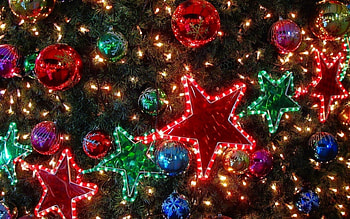 Stars for Roxane (roxane-ar), stars, tree, decoration, light, green, ball, christmas, red, ornament HD wallpaper