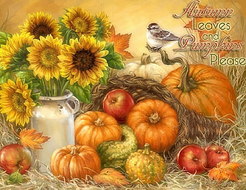Autumn Leaves & Pumpkins, birds, thanksgiving, colors, paintings, pumpkins, love four seasons, leaves, apples, autumn, nature, flowers, fall season HD wallpaper