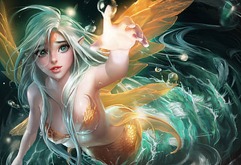 Mermaid, Green eyes, Girl, Art, Bubbles, Fantasy HD wallpaper