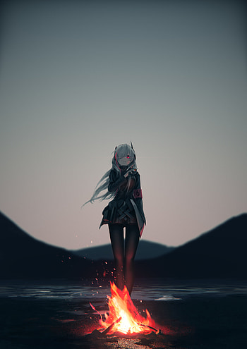 Fire, anime girl, night, original, art HD phone wallpaper