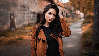 Black, T-shirt, Brown, Jacket, Brunette, Girl, Model, graphy, Women, Blur, Nature, Background Girls HD wallpaper
