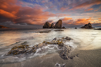 Sunset Over Rocky Ocean, sunset, ocean, nature HD wallpaper