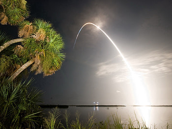 Nature, Sea, Salute, Palms, Evening, Rocket HD wallpaper