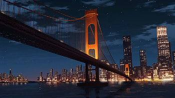 Bridge over water at night, bridge, night, water, town, sky HD wallpaper