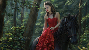 Red Dress Ancient Girl On Horse , red-dress, horse, artist, artwork, digital-art, forest, artstation HD wallpaper