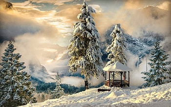 Splendid Winter Scenery, winter, splendid, gazebo, trees, view, beautiful HD wallpaper