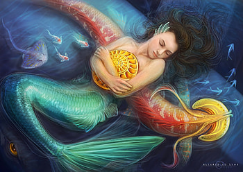 Zodiac ~ Pisces, blue, mermaid, art, girl, orange, fantasy, green, underwater, fish, luminos HD wallpaper