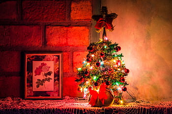A small illuminated Christmas tree with colorful lights next to floral wall art. HD wallpaper