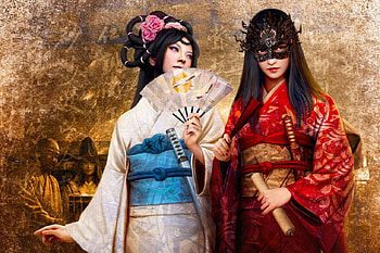 Fantasy girls, blue, frumusete, kimono, white, asian, gorgeous, mario wibisono, superb, hand fan, fantasy, red, couple, evantai HD wallpaper