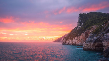Colorful sunset witnessed in Porto Venere, Italy, coast, sea, clouds, mediterranean, colors, sky, cliff HD wallpaper