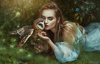 Sweeties, bird, face, bufnita, girl, owl, pasari, woman, model, blonde, marketa novak HD wallpaper