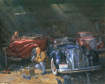 Alan Fearnley art, blue, art, workshop, car, man, alan fearnley, old, painting, red HD wallpaper