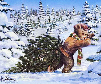 Bear's Christmas, winter, artwork, snow, forest, tree HD wallpaper