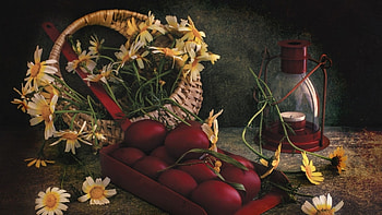 Holiday, basket, flowers, eggs, lights HD wallpaper