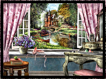 Bedroom View F, table, architecture, window, art, landscape, beautiful, illustration, artwork, scenery, wide screen, bedroom, drapes, painting, view HD wallpaper