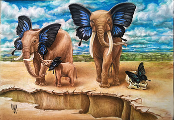 Butterfly elephants, blue, painting, fantasy, art, family, pictura, elephant, ears HD wallpaper