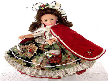 porcelain doll, riding, little, hood, red HD wallpaper