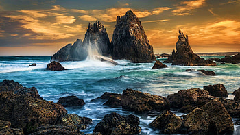 Australian Coast, sky, rocks, sunset, sea, pacific, clouds HD wallpaper