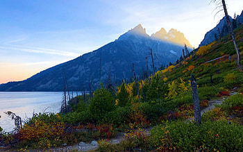 Last rays of sunlight in the Grand Tetons, foggy, trees, clouds, sky, wyoming, usa HD wallpaper