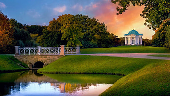 Park in Southern Germany, bridge, gazebo, colors, sky, water, pond, reflections, sunset HD wallpaper