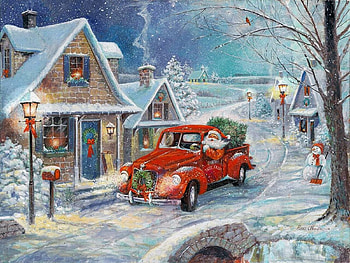 Santa's Tree Farm, painting, car, snow, bridge, road, houses, village HD wallpaper