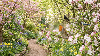 Blossom Path with Songbirds —, Spring, Bird, Magnolia HD wallpaper